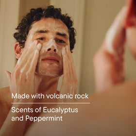 Harry's ingredient label close-up highlighting volcanic rock and essential oils information