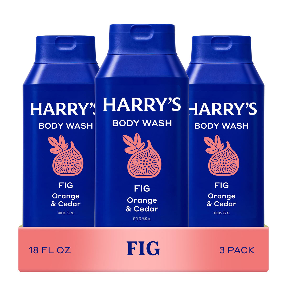 Harry's Fig front packaging showing three bottles and clear branding for convenience