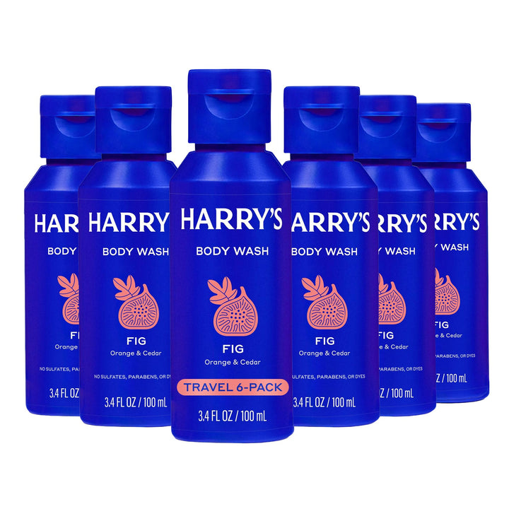 Harry's front packaging showing fig scent and travel size benefits