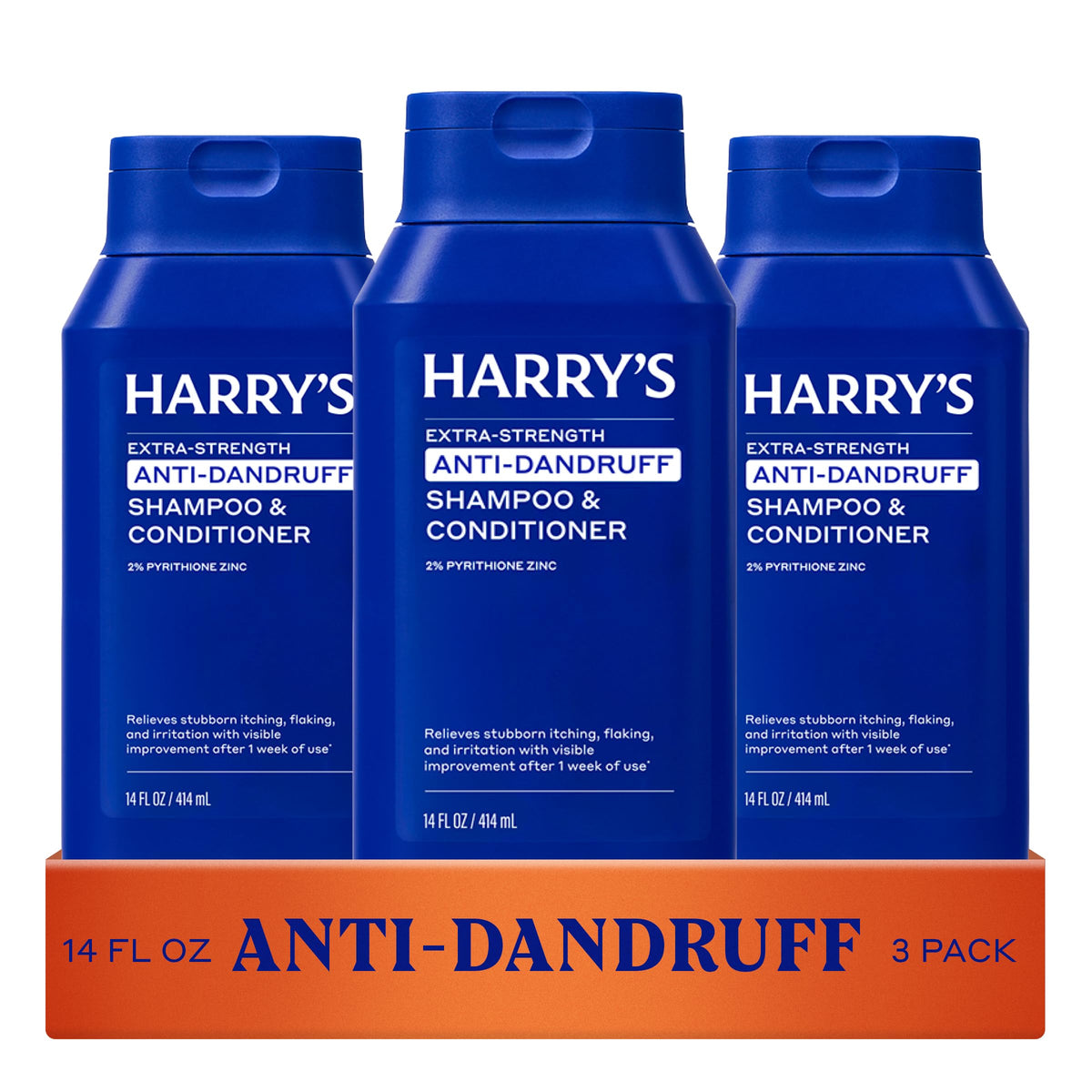 Harry's front packaging showing 3-pack, clear view and easy storage benefit