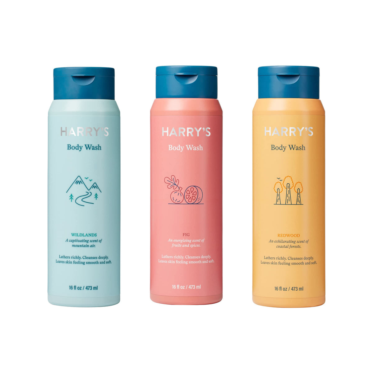 Harry's three-pack front packaging showing Fig Wildlands Redwood and scent variety benefit