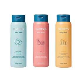 Harry's three-pack front packaging showing Fig Wildlands Redwood and scent variety benefit