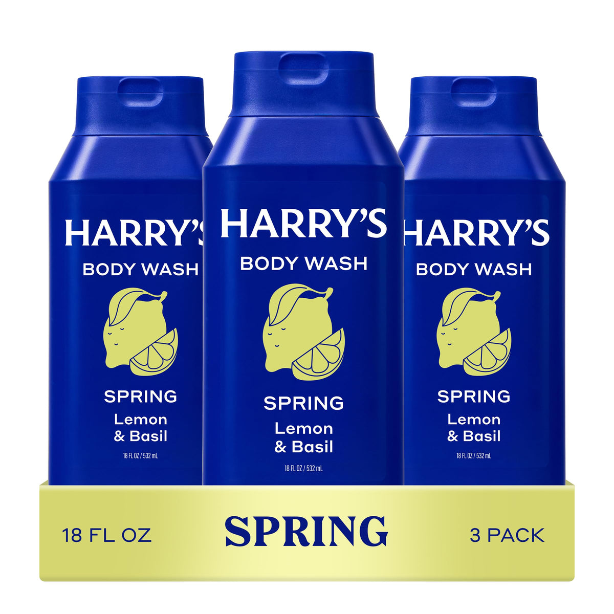 Harry's front packaging showing three 18 fl oz bottles and benefit of value