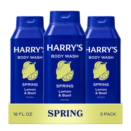 Harry's front packaging showing three 18 fl oz bottles and benefit of value