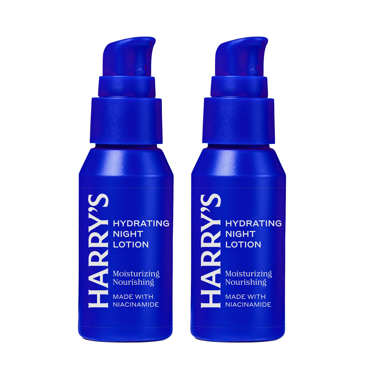 Harry's front packaging of hydrating night lotion shows sleek bottle and clear branding, highlighting convenience
