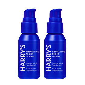 Harry's front packaging of hydrating night lotion shows sleek bottle and clear branding, highlighting convenience