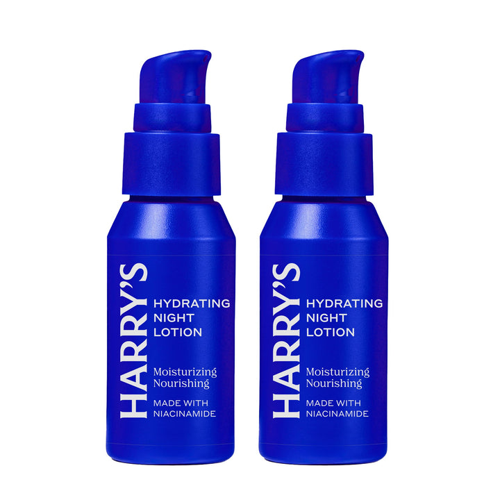 Harry's front packaging of hydrating night lotion shows sleek bottle and clear branding, highlighting convenience