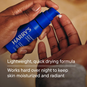 Harry's applying night lotion to face showing even coverage and comfortable overnight hydration