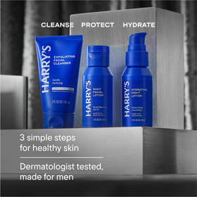 Harry's skincare trio staged on bathroom counter showing daily routine benefit