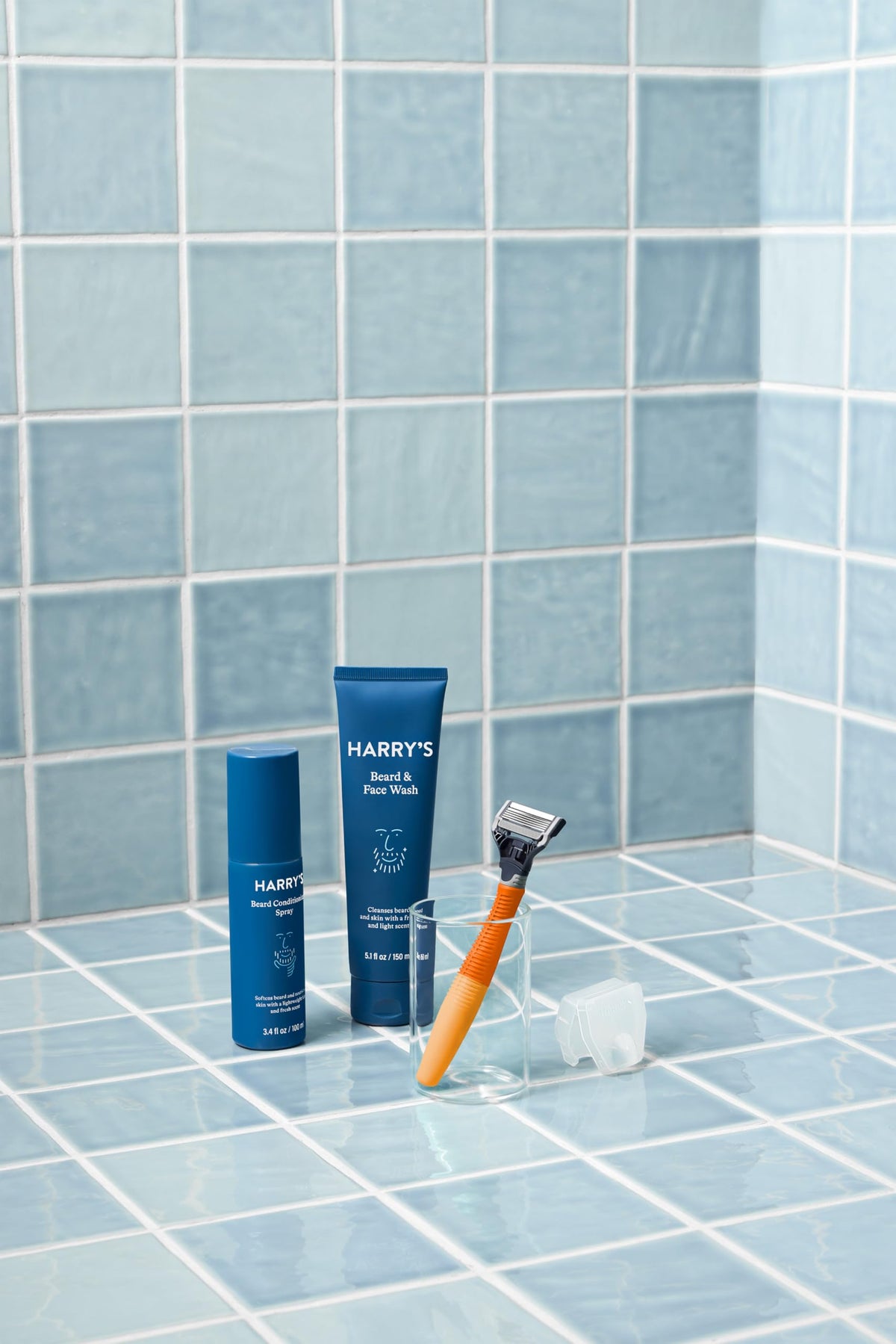 Harry's bottle styled with beard grooming kit, suggests streamlined routine