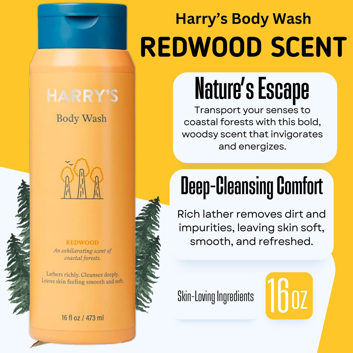 Harry's Redwood bottle label view emphasizing woody scent benefit