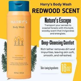 Harry's Redwood bottle label view emphasizing woody scent benefit