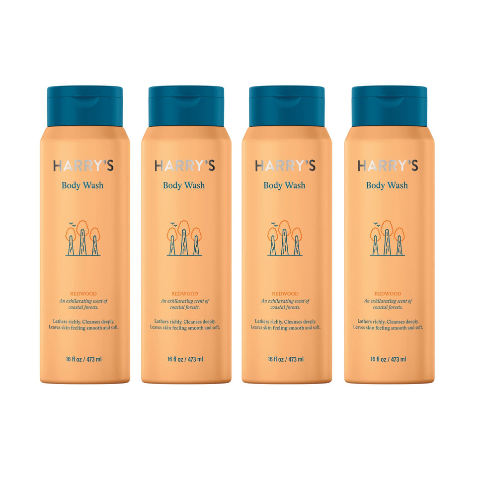 Harry's redwood front packaging showing four bottles and branding, highlighting value