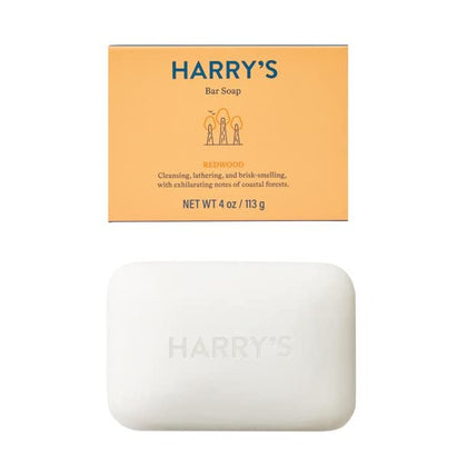 Harry's front packaging showing four redwood-scent bars and clear labeling for convenience