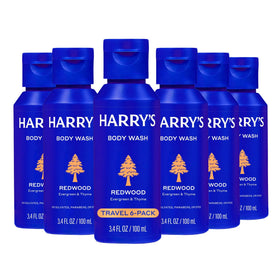 Harry's Redwood front packaging showing travel six-pack and convenience