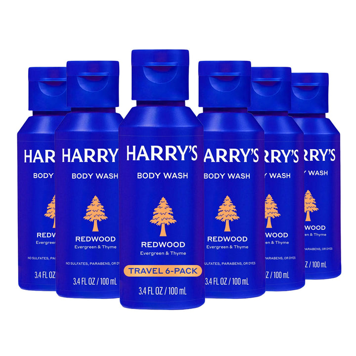 Harry's Redwood front packaging showing travel six-pack and convenience