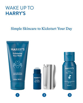 Harry's Cooling Eye Kit next to razor showing compact size and travel-ready