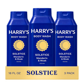 Harry's front packaging showing Solstice three-pack and clean design benefit