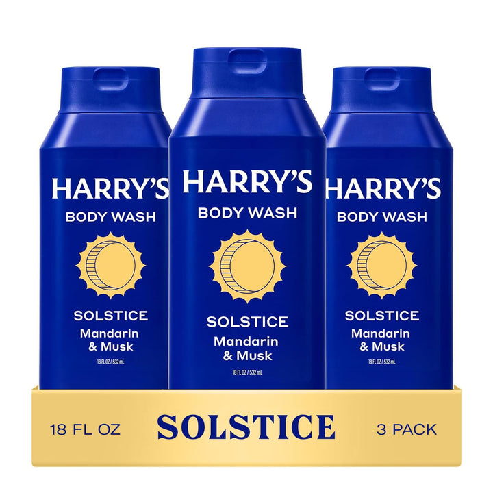 Harry's front packaging showing Solstice three-pack and clean design benefit