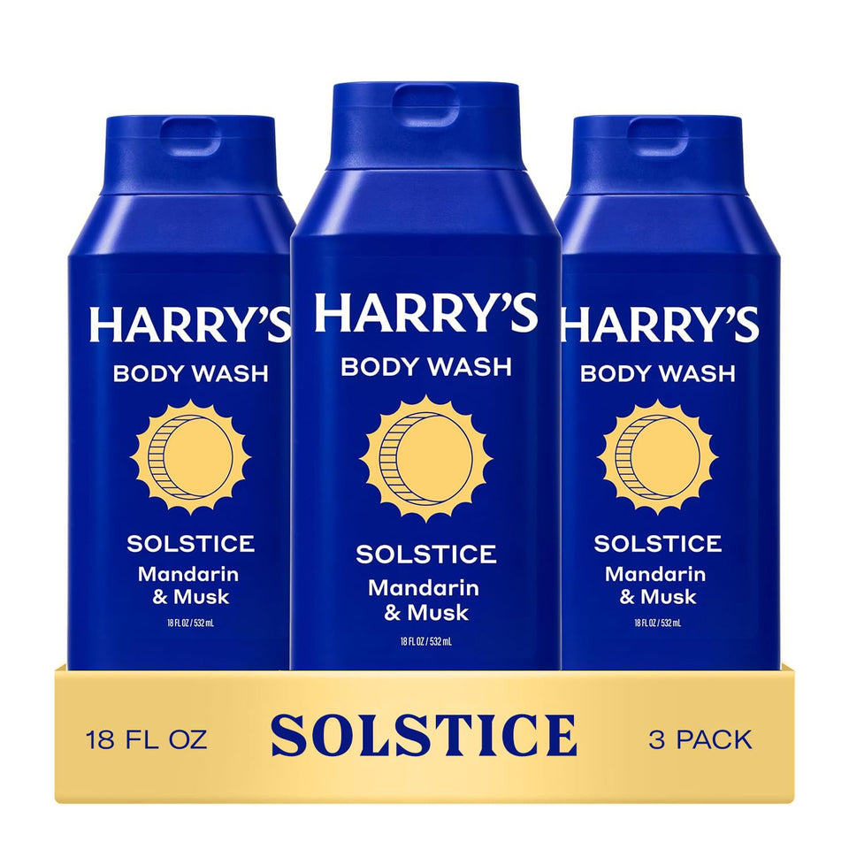 Harry's front packaging showing Solstice three-pack and clean design benefit