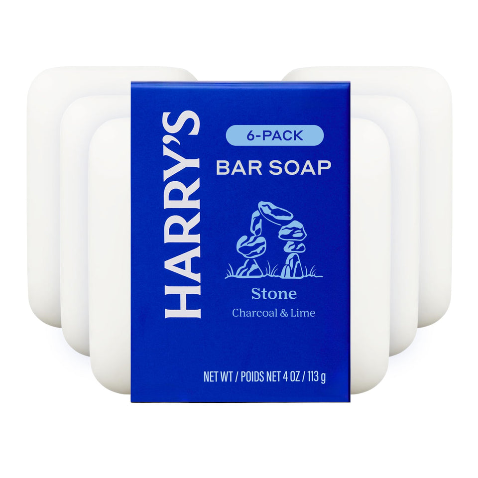 Harry's front packaging showing six Stone scent bars, ready to use