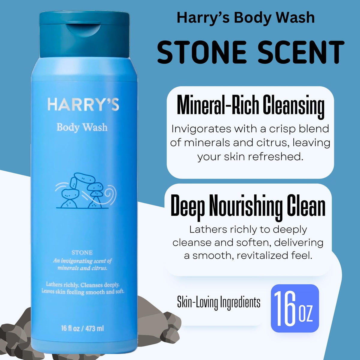 Harry's Stone bottle close-up highlighting texture and gentle cleansing