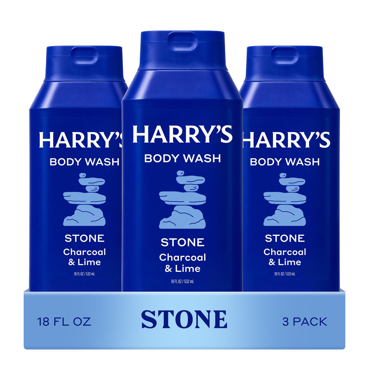 Harry's Stone front packaging showing three 18oz bottles and scent branding benefit: clear gifting