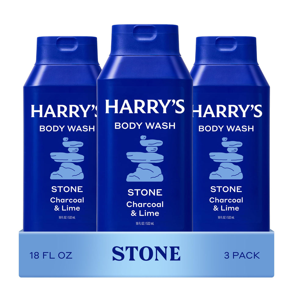 Harry's Stone front packaging showing three 18oz bottles and scent branding benefit: clear gifting