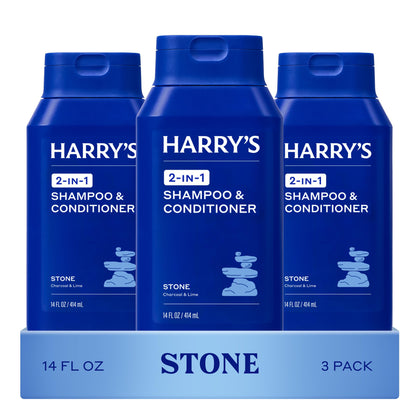 Harry's front packaging showing three Stone bottles, easy grooming convenience