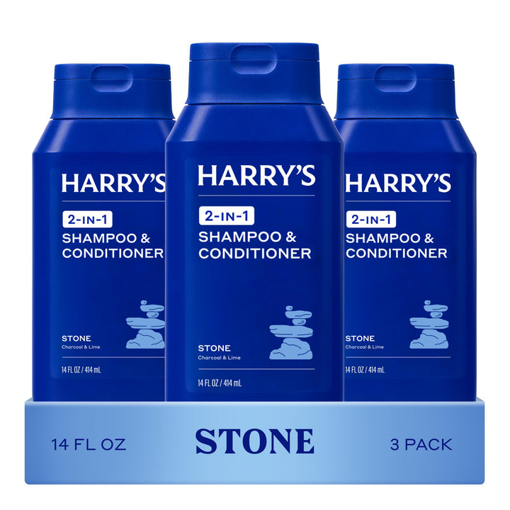 Harry's front packaging showing three Stone bottles, easy grooming convenience
