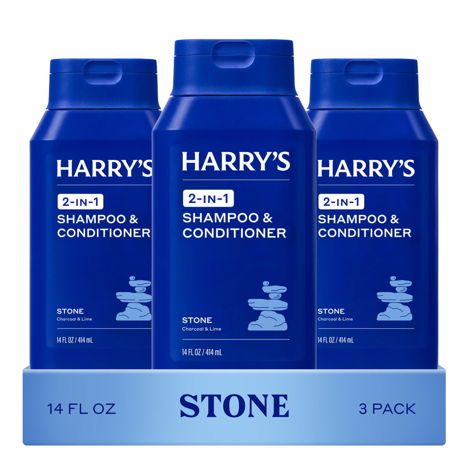 Harry's front packaging showing three Stone bottles, easy grooming convenience