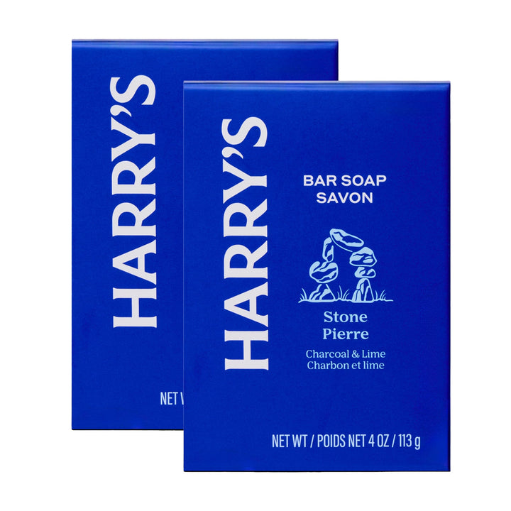 Harry's Stone front packaging showing brand and scent benefit: clear identification