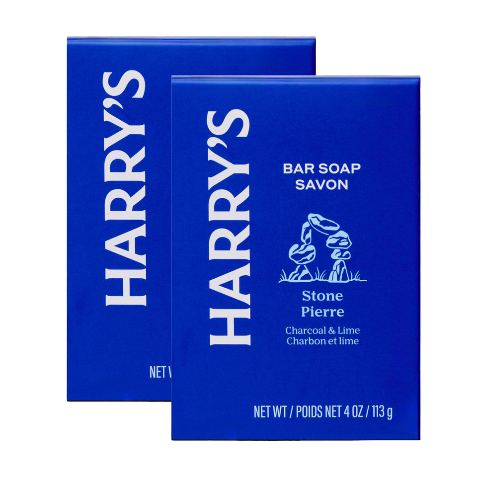 Harry's Stone front packaging showing brand and scent benefit: clear identification