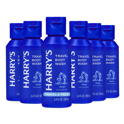 Harry's Stone front packaging showing six travel bottles and clear labeling for easy packing benefit
