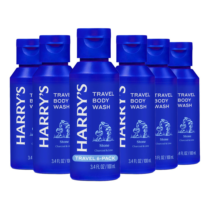 Harry's Stone front packaging showing six travel bottles and clear labeling for easy packing benefit