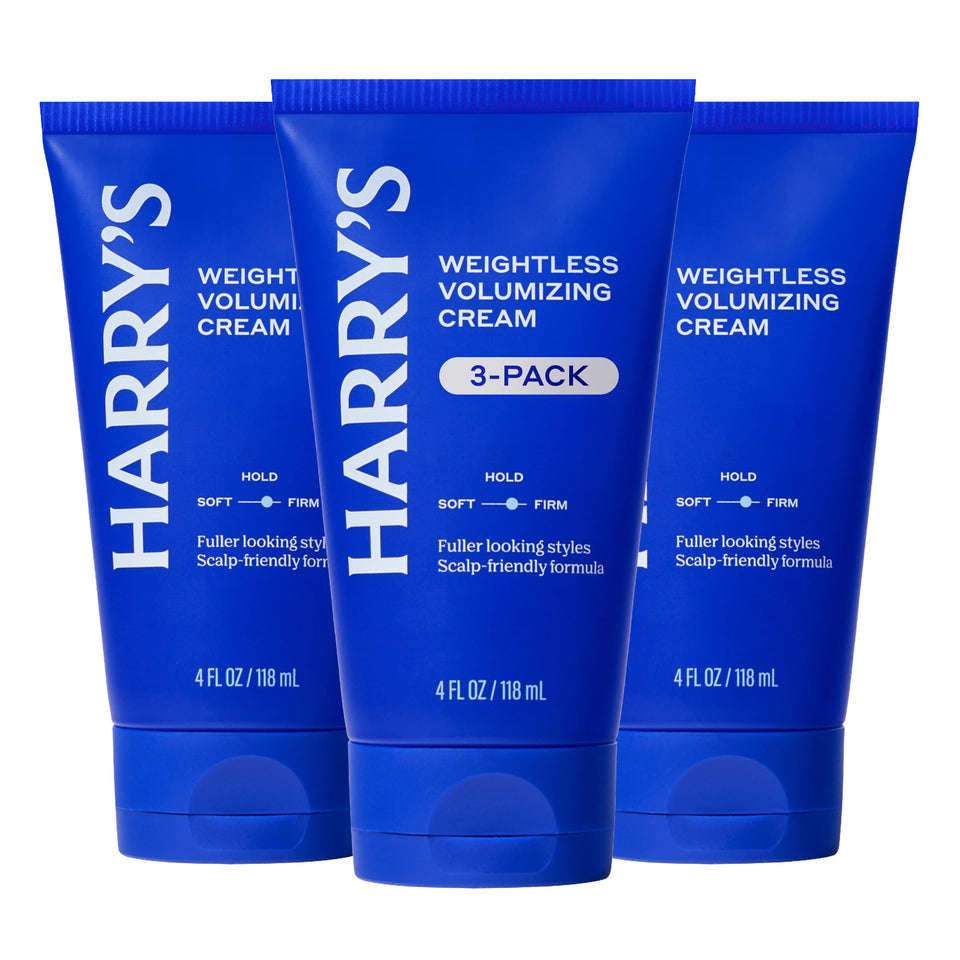 Harry's front pack shot showing three 4 fl oz tubes and packaging for convenience