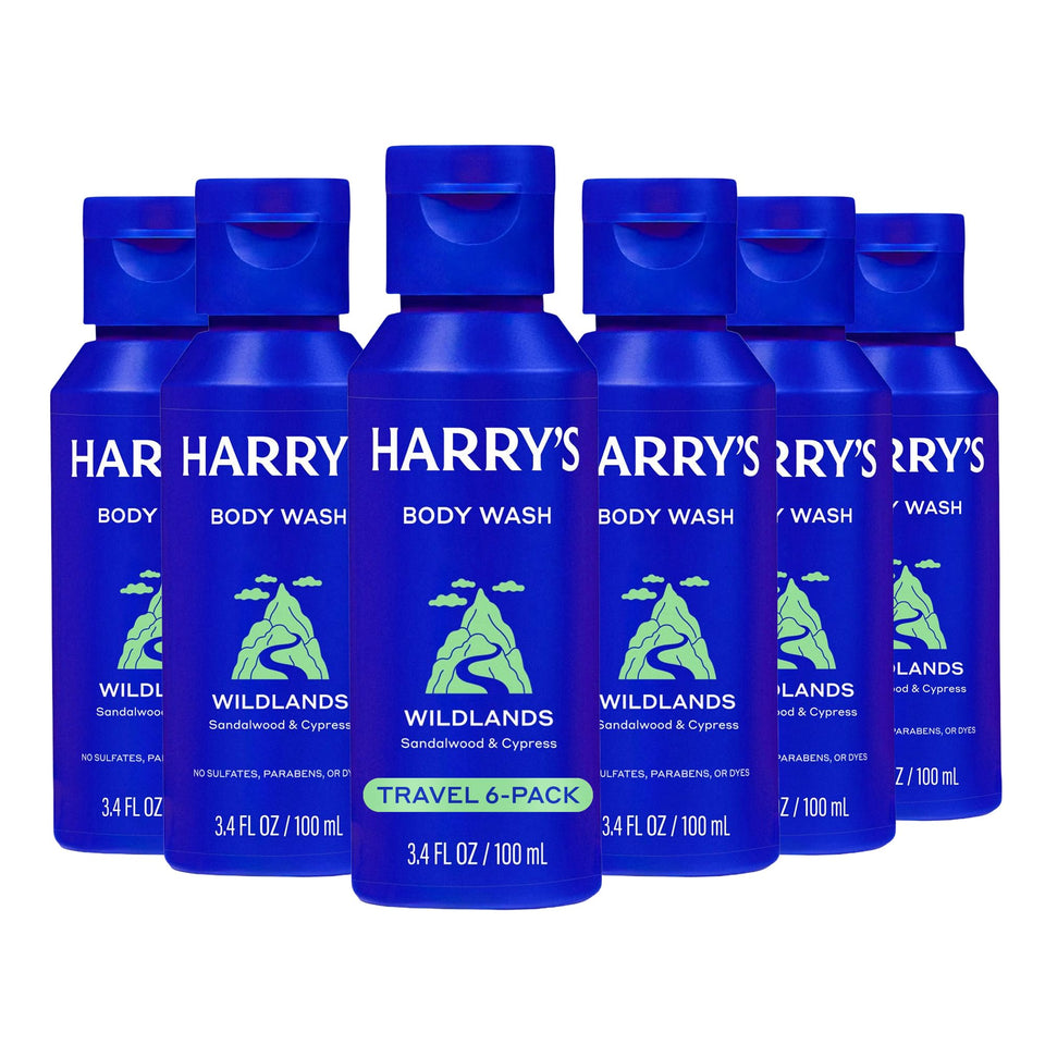 Harry's front packaging showing six travel bottles and convenience
