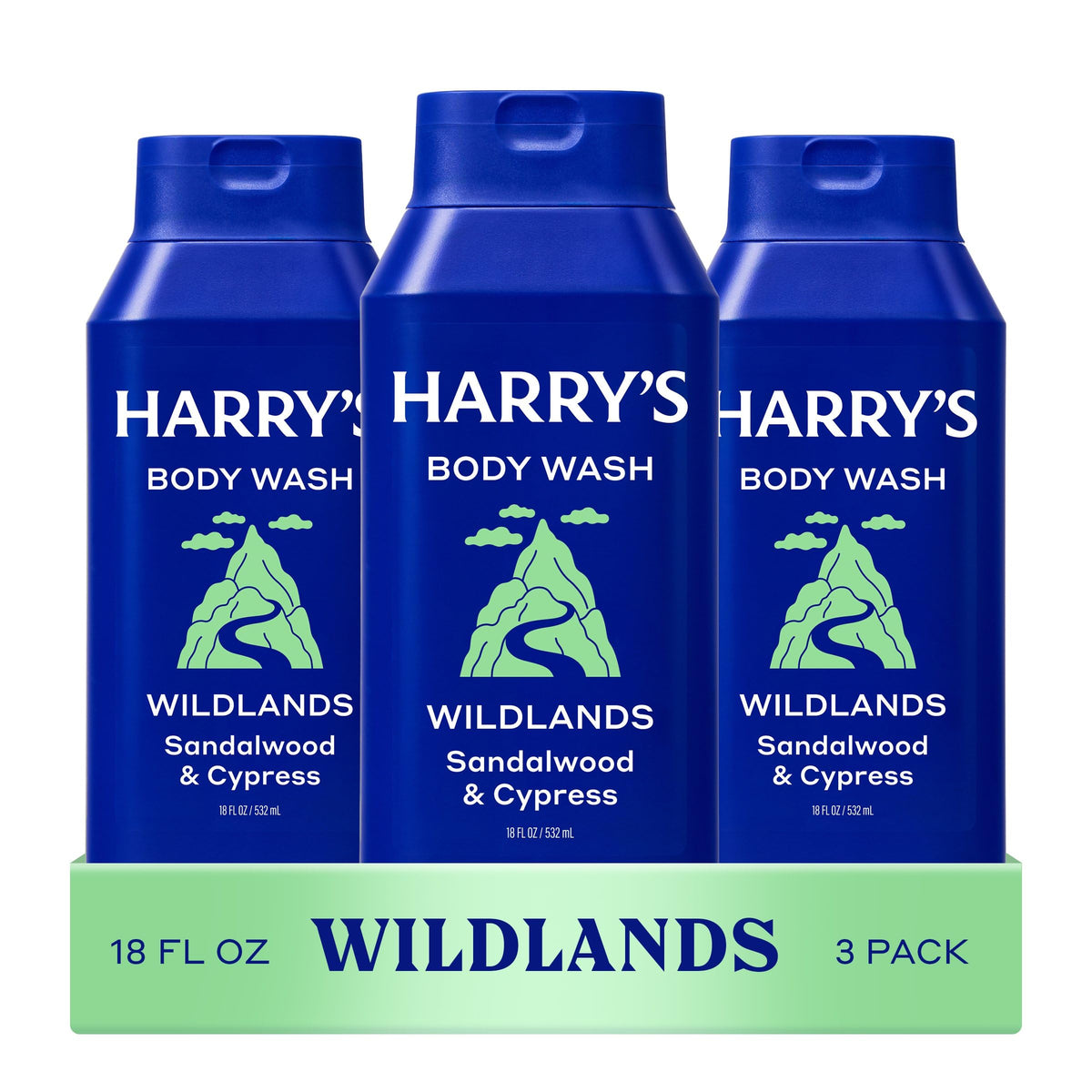 Harry's Wildlands front packaging showing three 18 fl oz bottles for value
