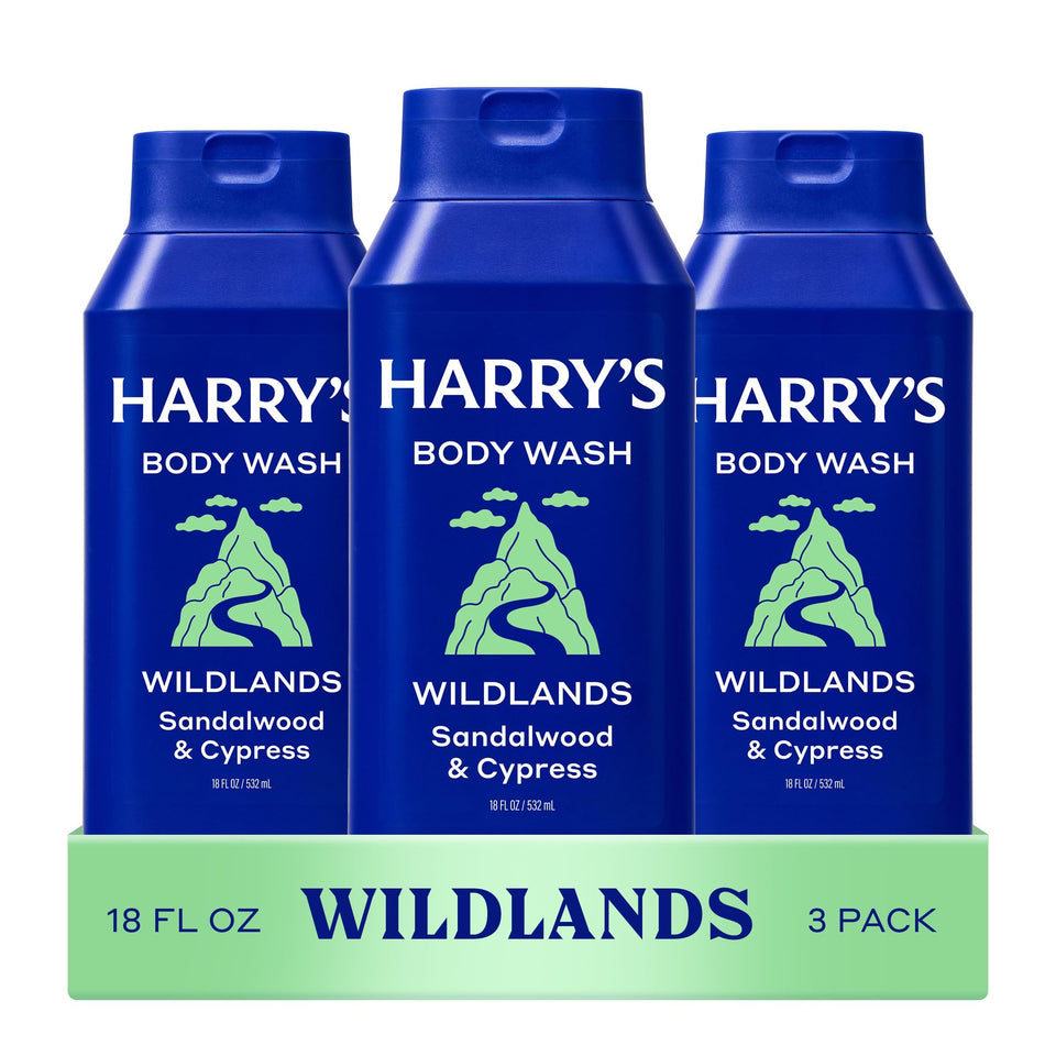Harry's Wildlands front packaging showing three 18 fl oz bottles for value