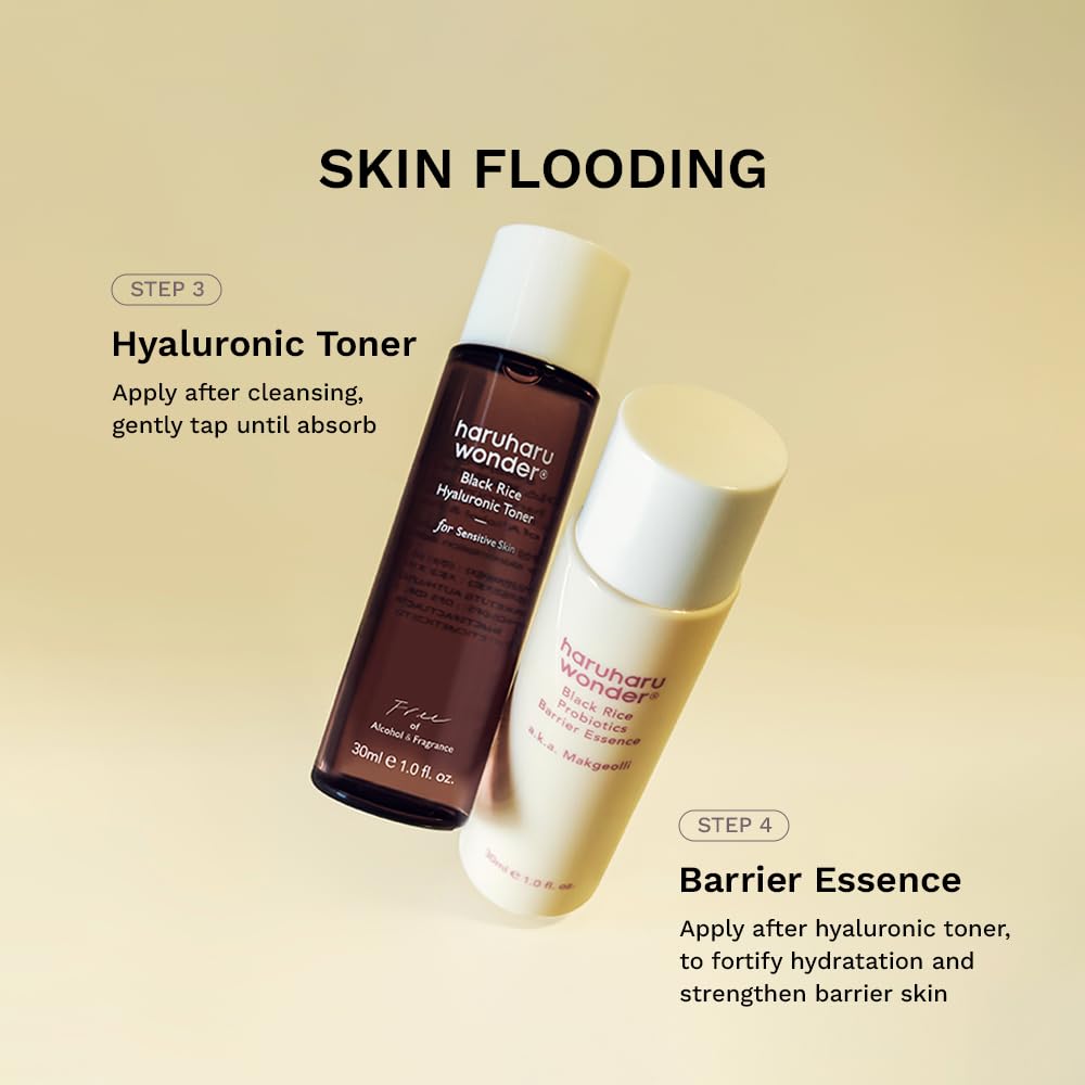 HARUHARU black rice toner pouring into palm for deep hydration benefit