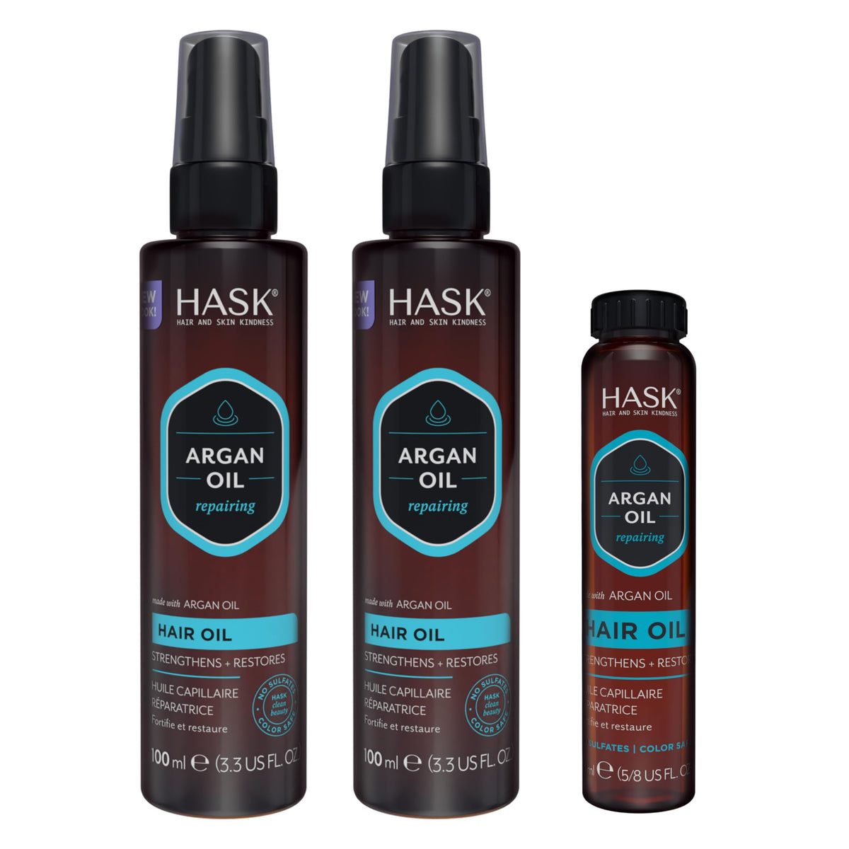 HASK front packaging showing three-piece argan oil kit for glossy hair
