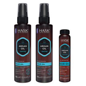HASK front packaging showing three-piece argan oil kit for glossy hair