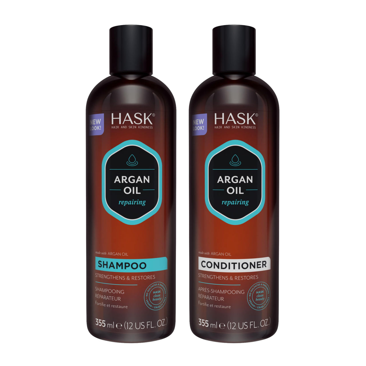 HASK argan oil front packaging showing both 12oz bottles and brand benefits