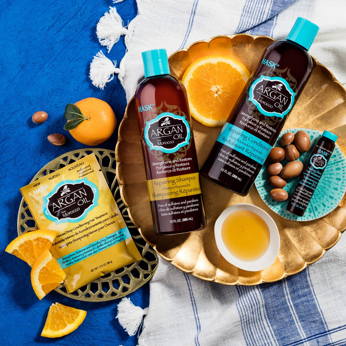 HASK ingredients label displaying argan oil and free-from claims