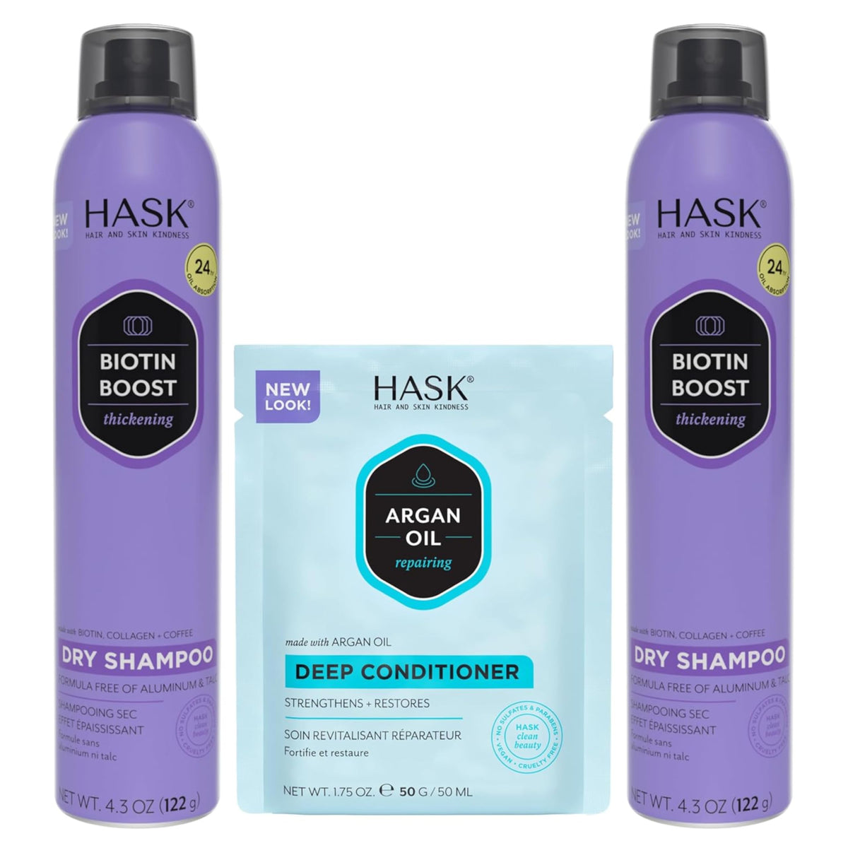 HASK front packaging of biotin boost dry shampoo showing product benefit of instant refresh