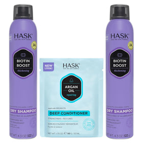 HASK front packaging of biotin boost dry shampoo showing product benefit of instant refresh