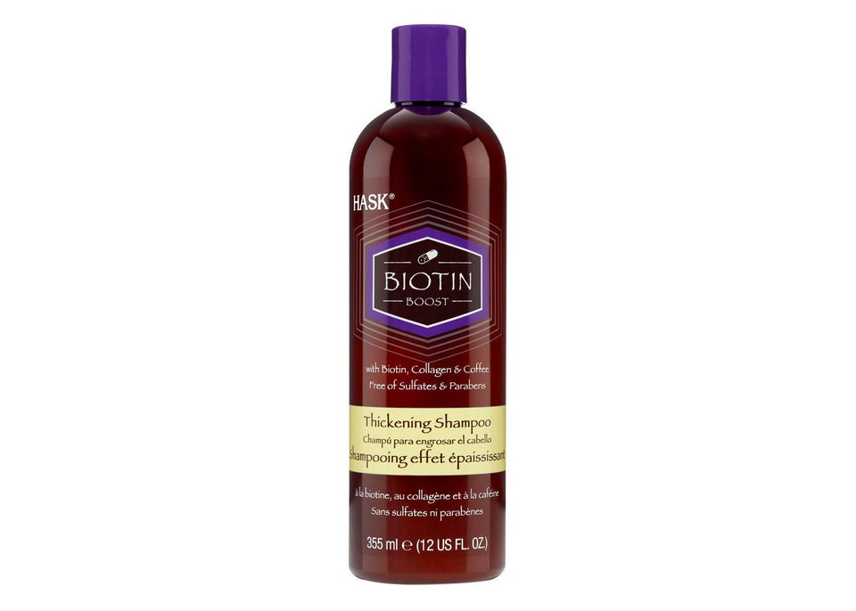 HASK bottle front packaging showing thickening benefits for fuller hair