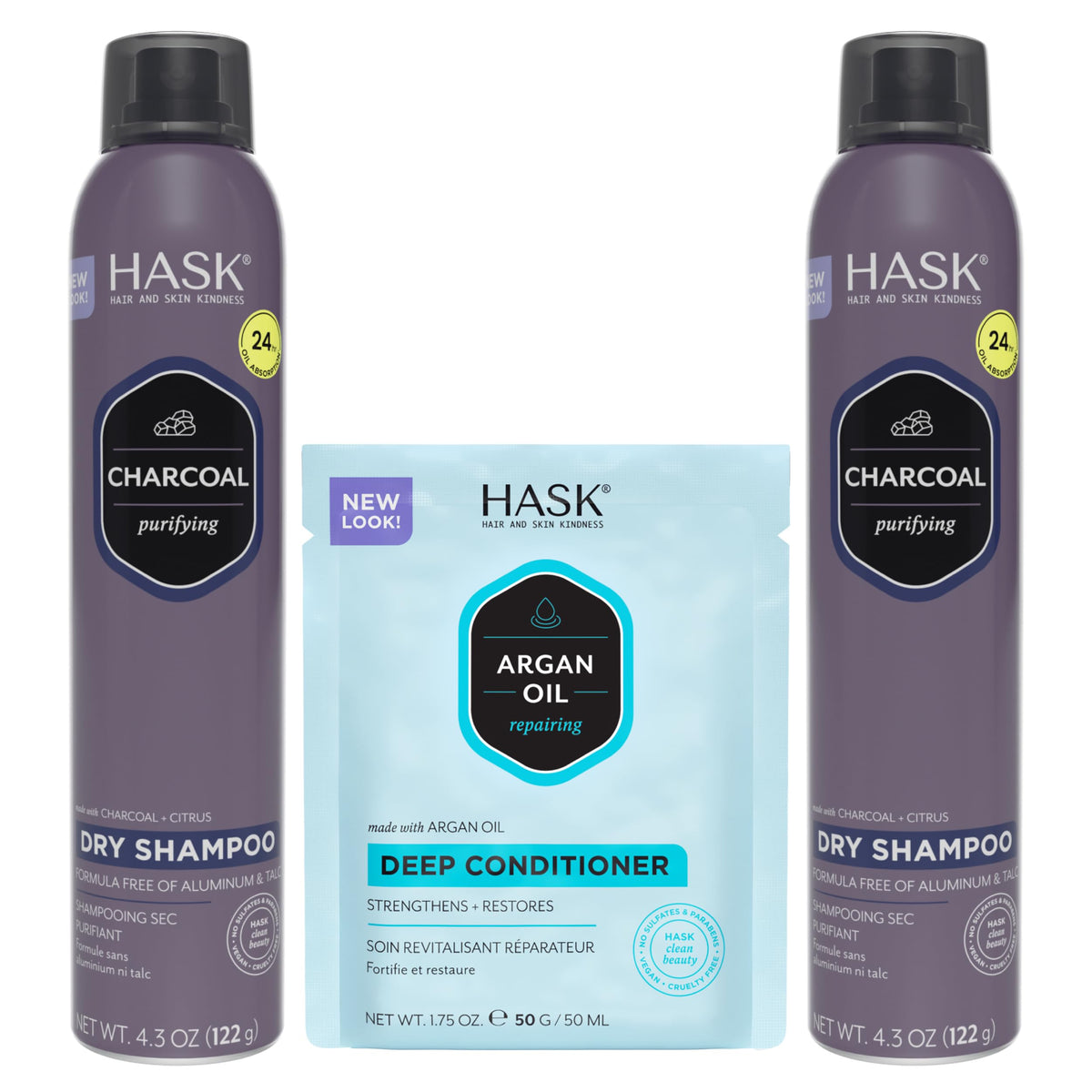 HASK charcoal dry shampoo front packaging showing brand and size benefits