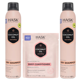 HASK coconut dry shampoo front packaging showing kit and volume benefit