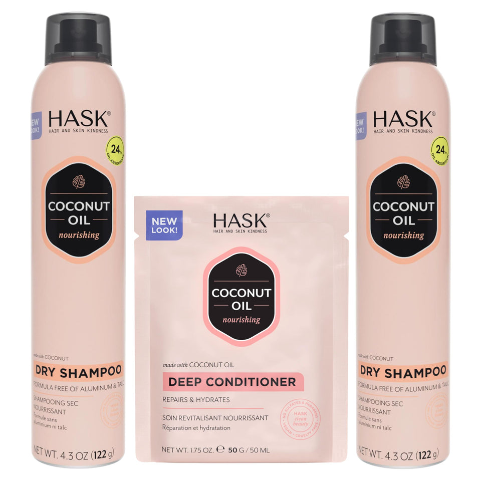 HASK coconut dry shampoo front packaging showing kit and volume benefit